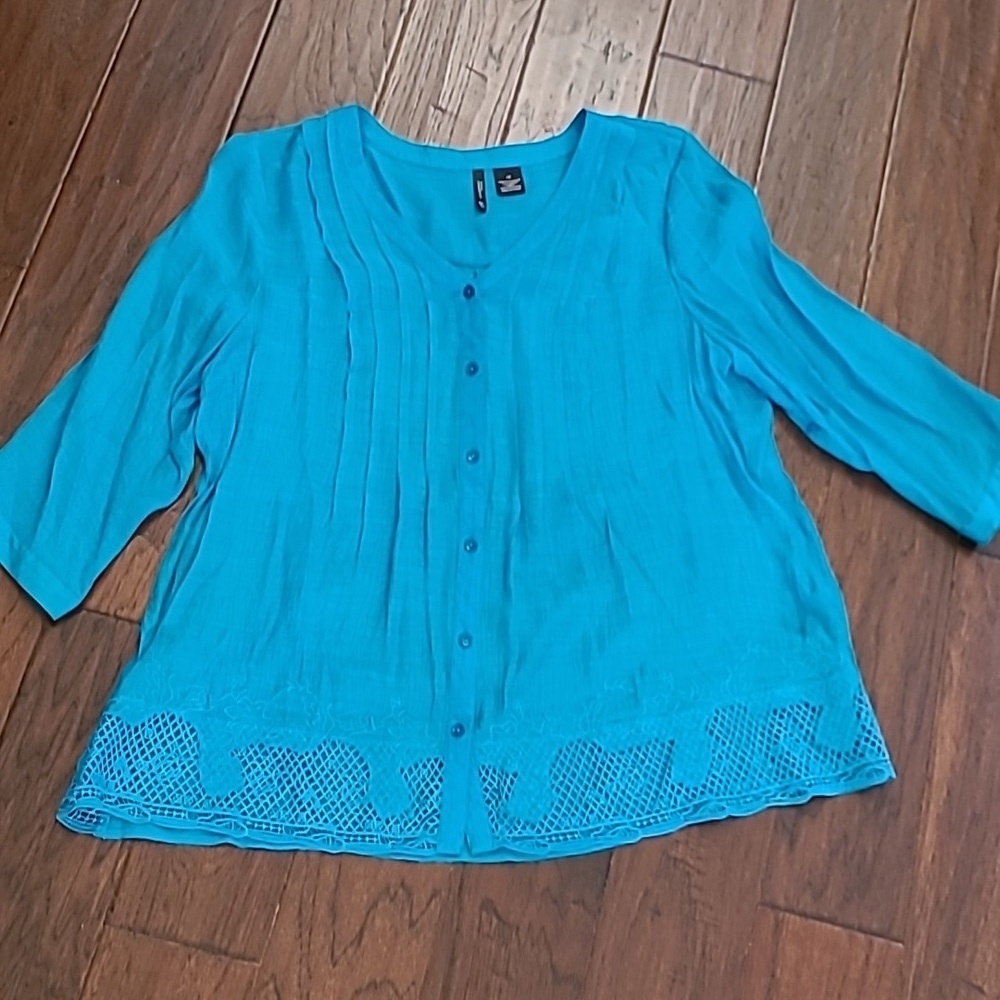 New Directions Teal Button-Up Blouse with Embroidered Hem size 1X
